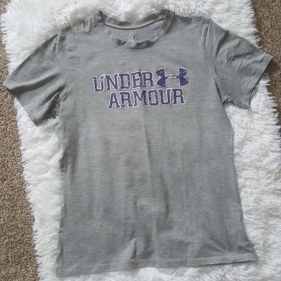 Under Armour Heat Gear Gray & Purple Short Sleeve Tshirt Size Medium - Picture 1 of 5